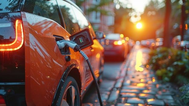 Electric car charging on city street sustainable transportation photo