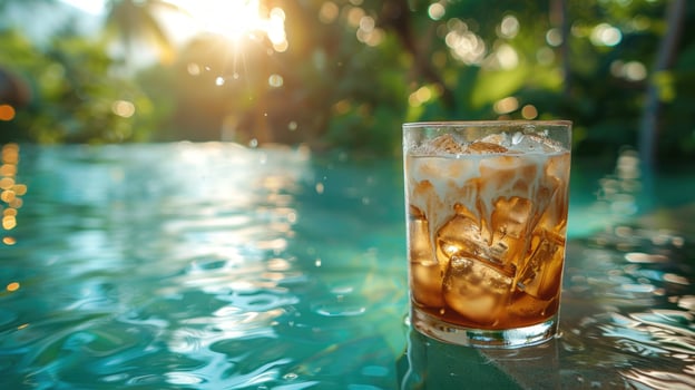 Iced coffee refreshment against a tropical water backdrop summer beverage photo