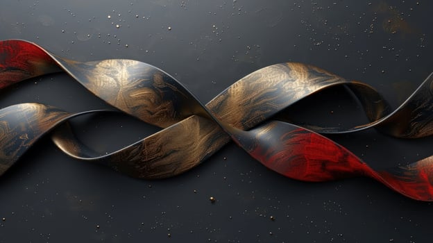 Abstract ribbon ornament with swirling gold red tones on dark background photo