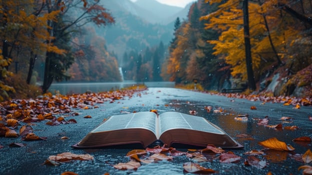 Open book on road in autumn landscape photo