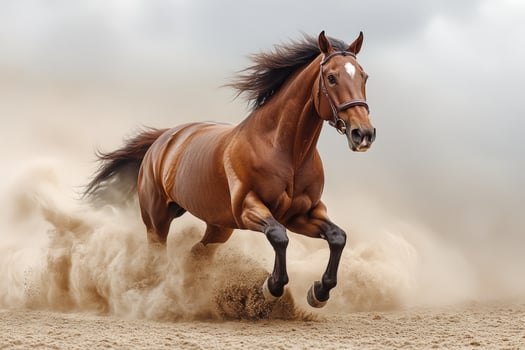 Horse galloping through dust cloud dynamic equine power and motion photo