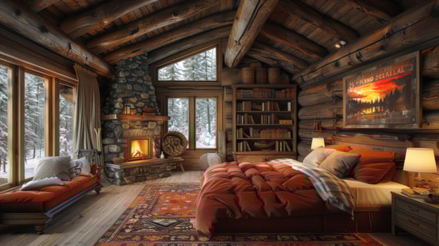 Rustic cabin bedroom interior with stone fireplace and natural light cozy getaway photo