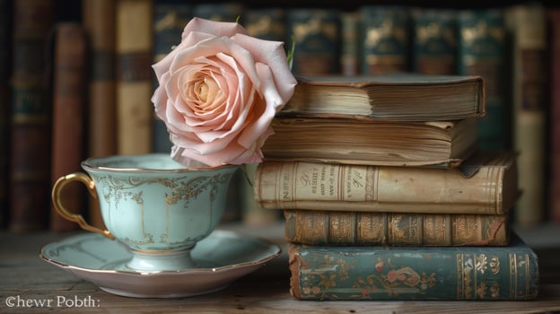 Vintage still life with books rose and teacup elegant arrangement photo