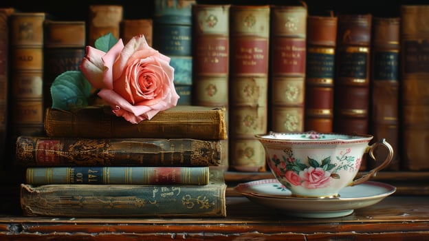 Vintage books rose and teacup still life nostalgic composition photo