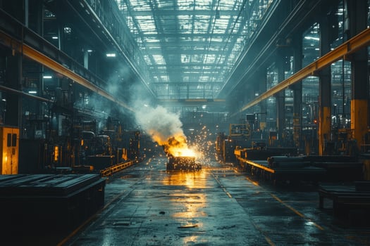 Industrial manufacturing process with sparks in factory environment photo