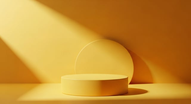 Minimalist yellow podium and circular backdrop with diagonal light streaks photo