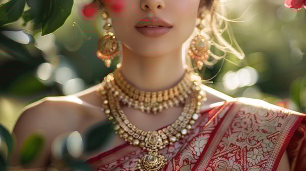 Elegant woman adorned with traditional gold jewelry and cultural attire photo
