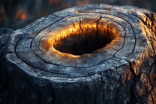 Hollow tree stump with warm light glowing inside dark wood texture photo