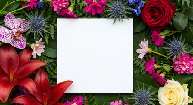 Assorted colorful flowers and green leaves arranged around a blank white square card photo