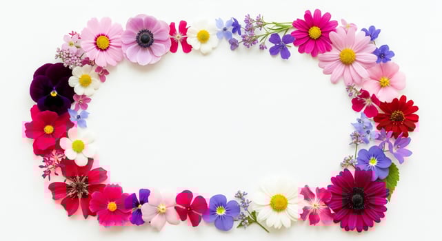 A vibrant oval frame composed of colorful assorted blooming flowers arranged on a white background photo