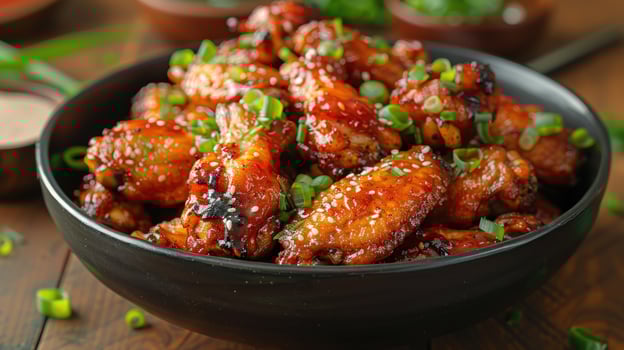 Glazed chicken wings with sesame and herbs in dark bowl food photography photo