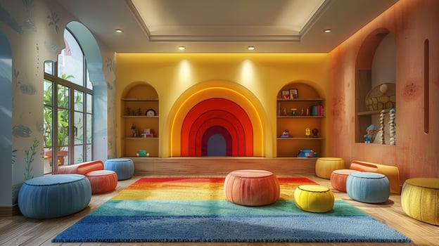 Colorful playroom with rainbow design comfortable seating and natural light photo