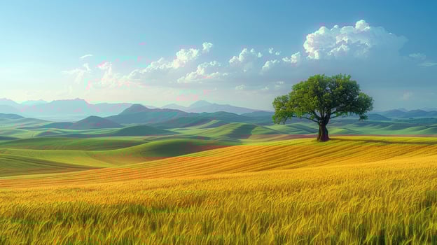 Lone tree in golden field rural landscape under blue sky photo