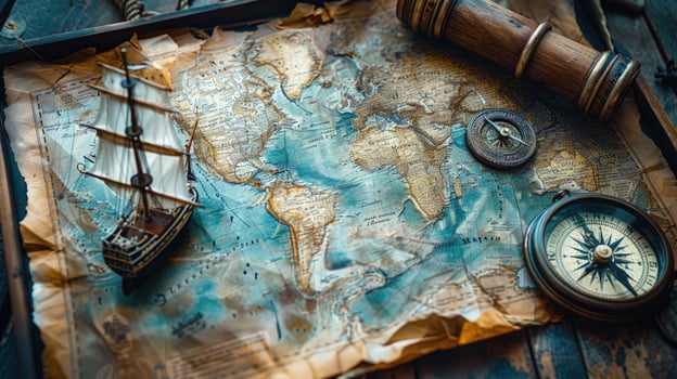 Antique world map with compass spyglass and model ship adventure theme photo