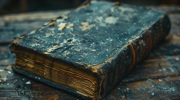 Antique book with aged texture on wooden surface photo