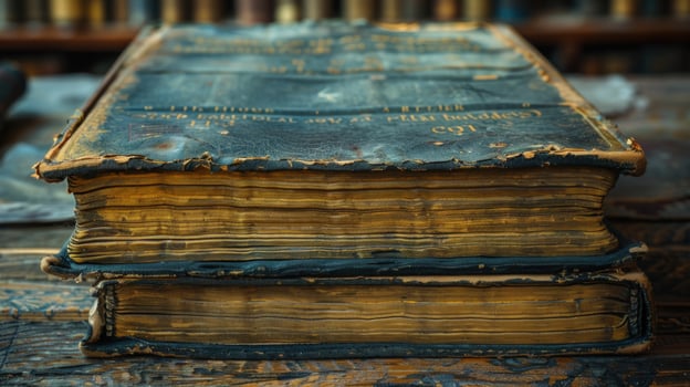 Stack of aged books with weathered covers and yellowed pages photo