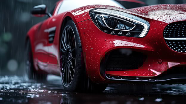 Sleek red sports car in rain showcasing automotive design and modern transportation photo