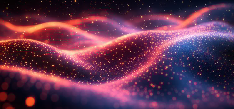 Abstract glittering wave backdrop with luminous particles in red and blue gradients photo