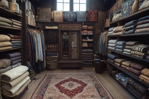 Textiles and woven materials display in home interior photo
