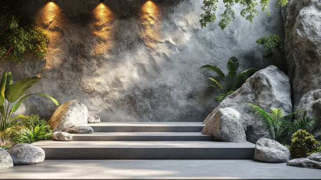 Platform stage with stone wall and natural elements backdrop photo