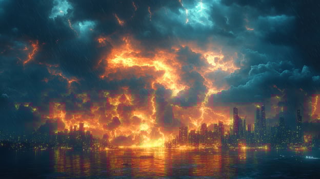 Dramatic cityscape with fiery sky and water reflections photo