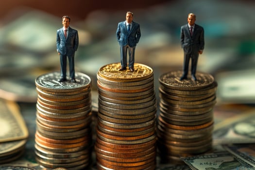 Financial hierarchy business success concept with miniature figures and coin stacks photo