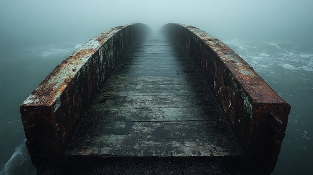 Foggy wooden bridge over waterway scenic landscape photo