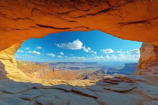 Desert canyon landscape through natural rock archway scenic vista photo
