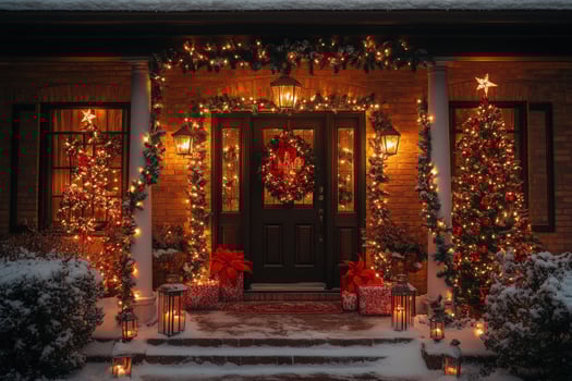 Festive home entrance adorned with holiday lights and decorations photo
