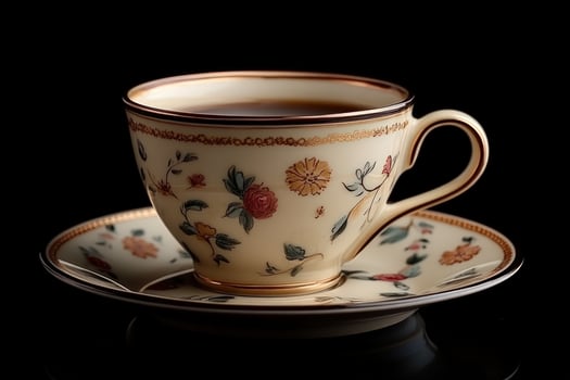 Elegant tea cup with floral design on black background close up photo