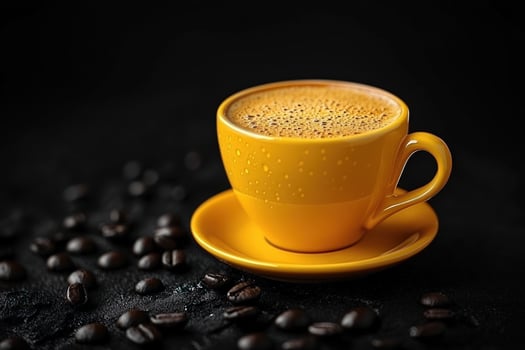 Yellow coffee cup on dark surface with coffee beans photo
