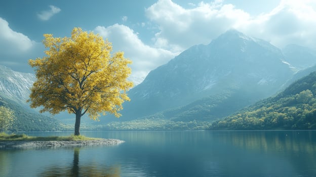 Lake scenery with autumn colored tree and mountain view photo