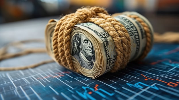 Roll of currency secured with twine on financial data background photo