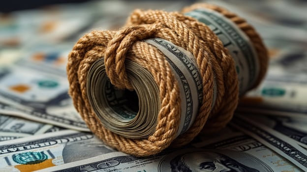 Rolled paper currency secured with rustic rope for finance concept photo