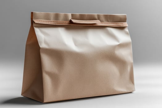 Paper bag package with handle for product delivery presentation on neutral backdrop photo