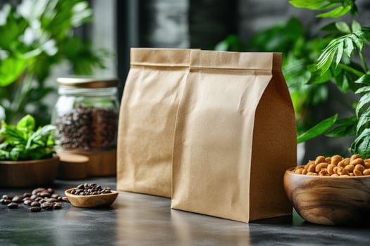 Kraft paper bags with coffee beans and nuts on kitchen table photo