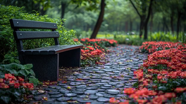Park bench surrounded by red flowers in tranquil garden scene photo