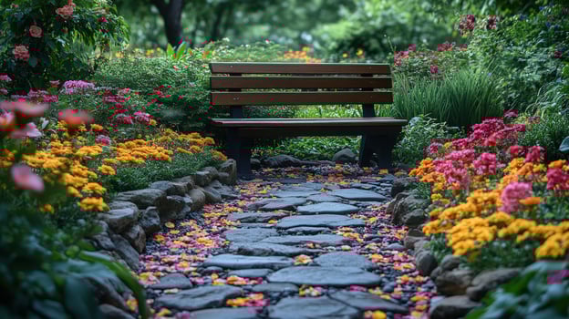 Tranquil garden pathway with wooden bench surrounded by colorful flowers and lush greenery photo