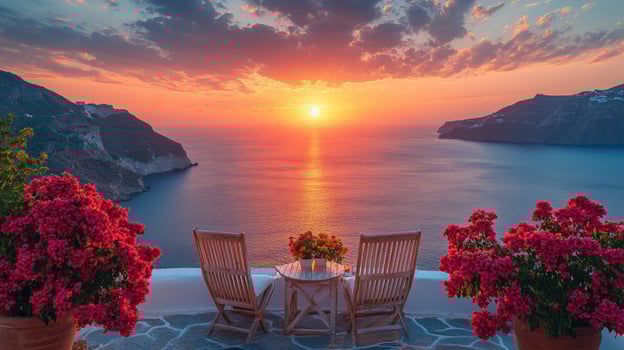 Ocean sunrise with table and chairs floral scenery seascape photo
