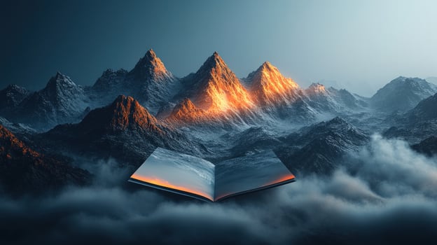 Open book landscape with mountain range floating on clouds conceptual background photo