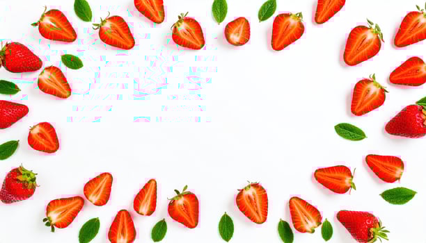 Fresh strawberries flat lay on white background with copy space, perfect for healthy eating concepts, fruit photography, organic farming, and nutrition design projects. photo