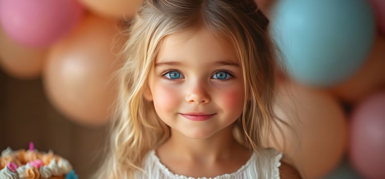 Blonde girl portrait with cake and balloons celebration childhood beauty photo