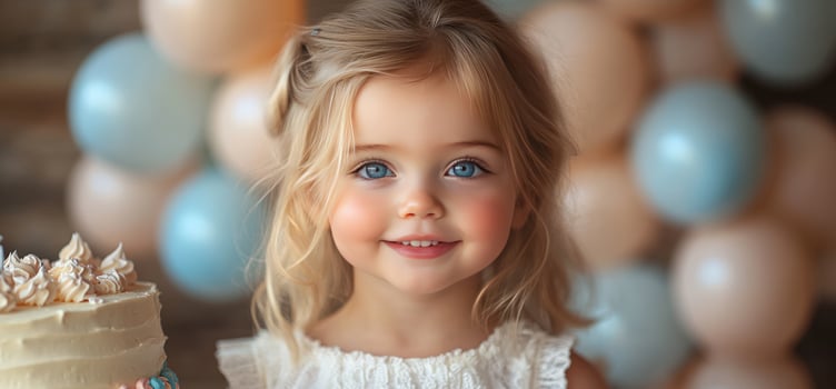 Smiling young child with blue eyes celebrates party with pastel balloons and cake photo