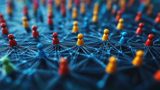 Abstract network of human connection figures in a web of interconnected lines representing social media community and digital connectivity photo