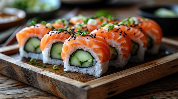 Salmon sushi rolls with cucumber on wooden plate delicious asian cuisine photo