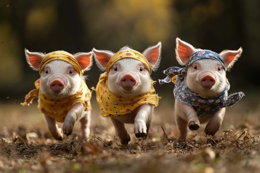 Racing piglets in colorful garments running fast in a field animal concept photo