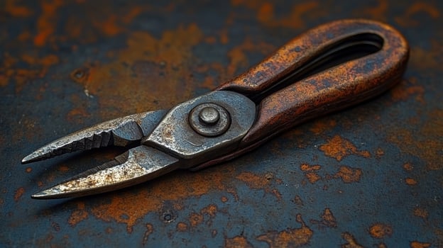 Worn metal pliers tool on rusted surface for repair and industrial use photo