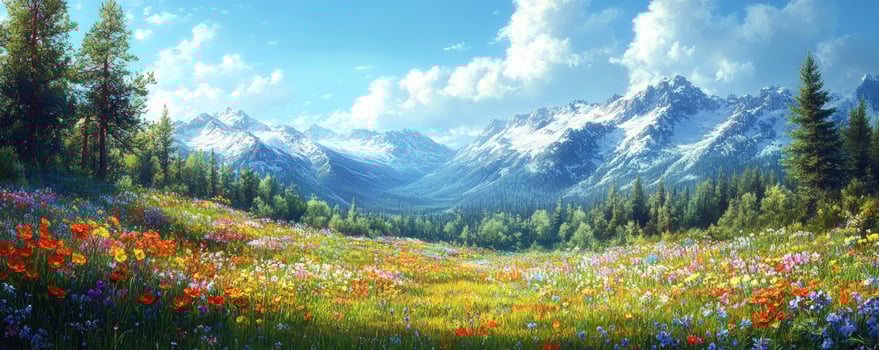 Majestic mountain landscape with vibrant wildflower meadow scenic vista photo