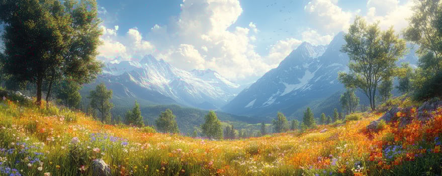 Mountain vista with wildflower meadow a panoramic view of natural beauty photo
