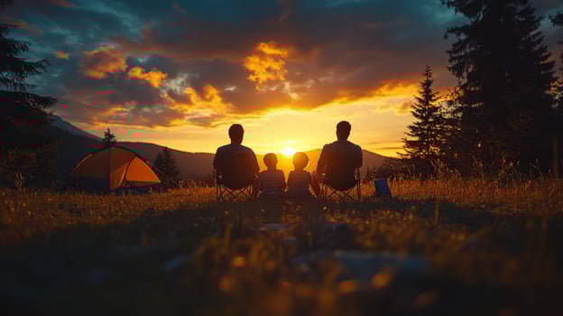 Family camping adventure at sunset in nature landscape photo